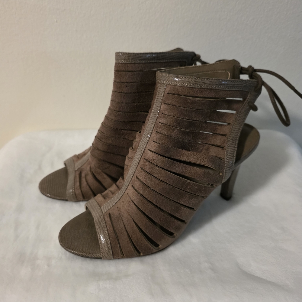 Rialto soft suede peep toe, open back heels